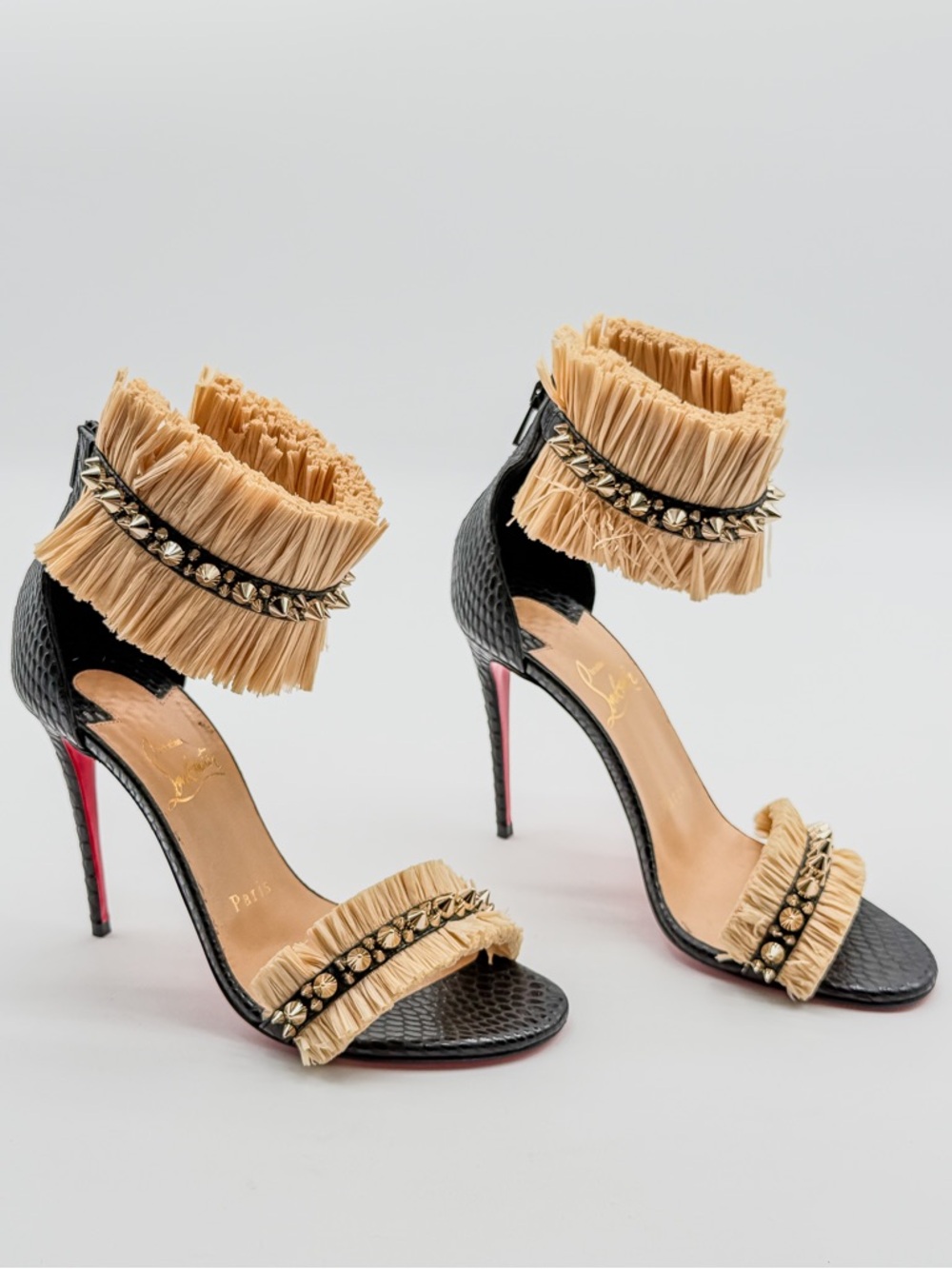 Christian Louboutin Poupedou Raffia Leather Studded Sandals 100 EU 36.5 US 6.5